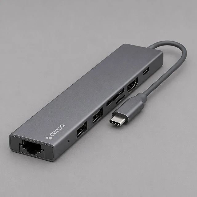 USB Type-C хаб 7-в-1, HDMI, Power Delivery, 2xUSB 3.0, RJ45, microSD/SD, графит, Deppa