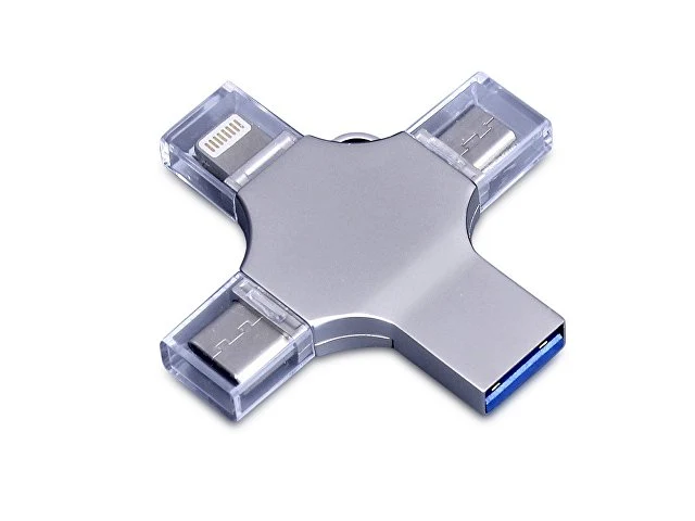 USB-флешка на 32 Гб 4 в 1 поворотный механизм, c дополнительными разъемами MicroUSB, TypeC и Lightning, серебристый