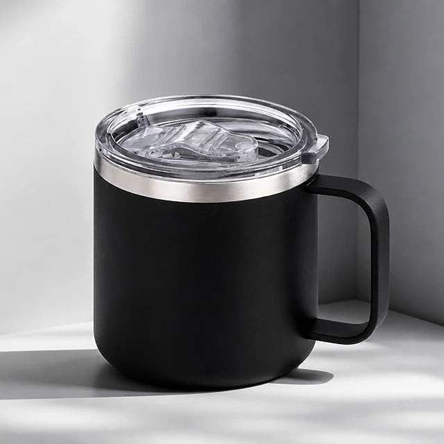 Кружка стальная Alaska с крышкой слайдером, powder coating, черный
