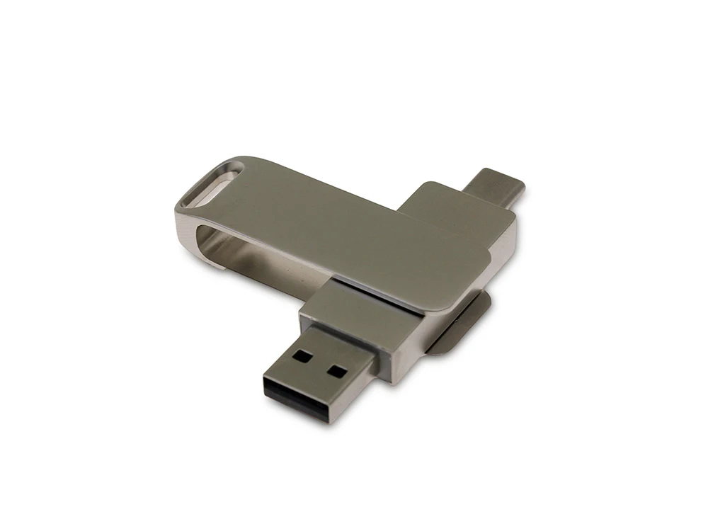 USB 2.0- флешка на 128 Гб поворотный механизм 2 в 1, c дополнительным разъемом Type-C с одноцветным металлическим клипом, серый