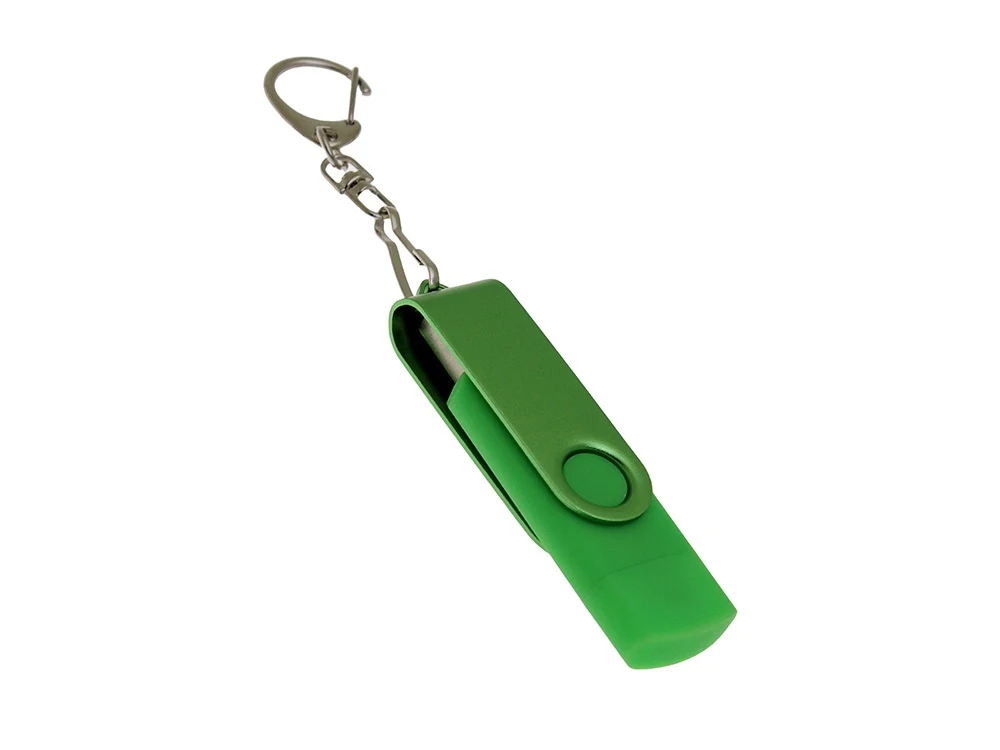 USB-флешка на 32 Гб 2 в 1 поворотный механизм, c дополнительным разъемом Type-C с одноцветным металлическим клипом, зеленый