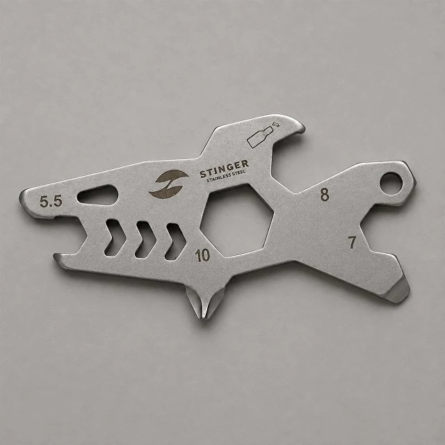 Мини-мультитул карманный Stinger, 60 x 31 мм, 5 функций, акула, нержавеющая сталь, серебристый, в блистере