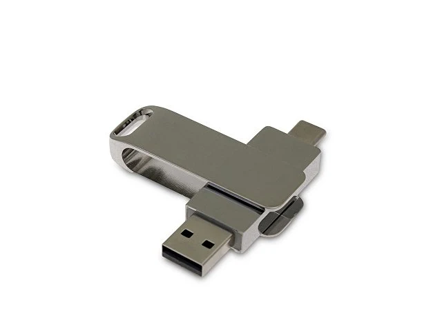 USB 2.0- флешка на 32 Гб поворотный механизм 2 в 1, c дополнительным разъемом Type-C с одноцветным металлическим клипом, серебристый