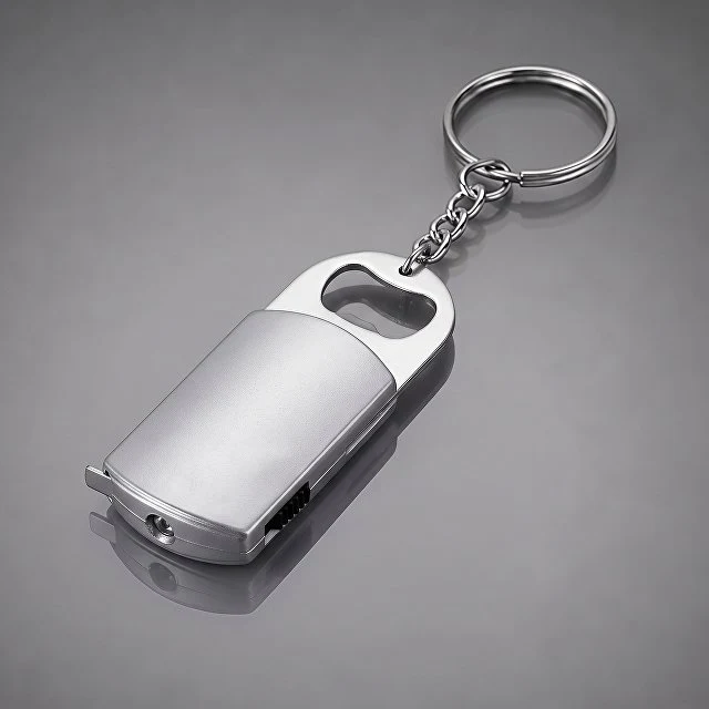 Брелок-открывалка с рулеткой и фонариком "Open", серебристый